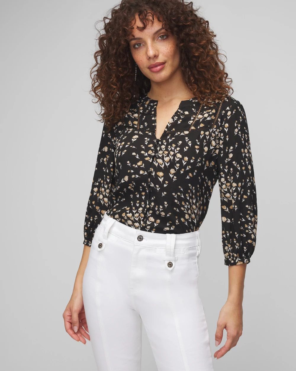 3/4 Sleeve V-Neck Crinkle Blouse | White House Black Market